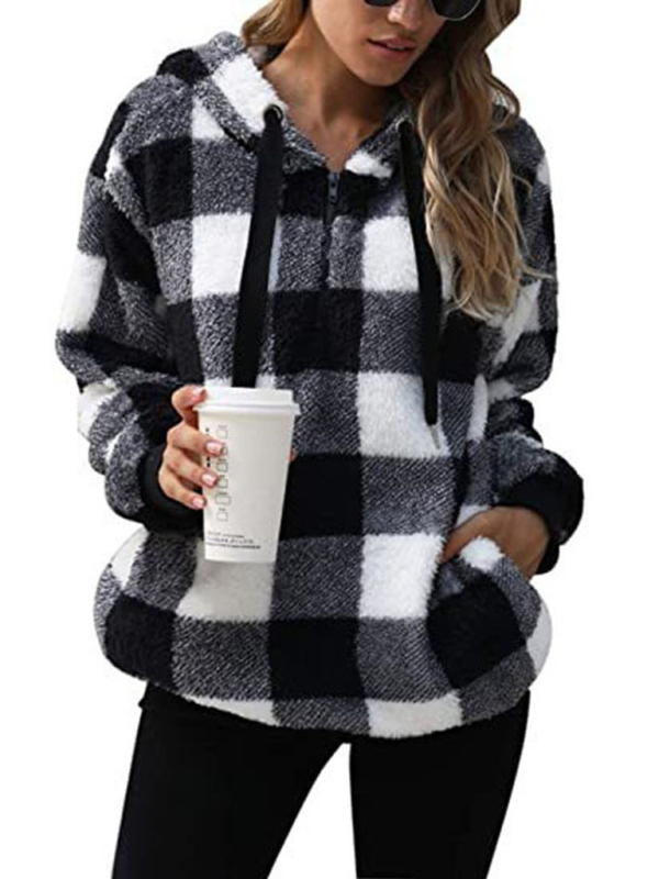 Long sleeve hooded plaid plush women's sweatshirt - Image 7