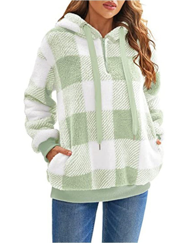 Long sleeve hooded plaid plush women's sweatshirt - Image 2