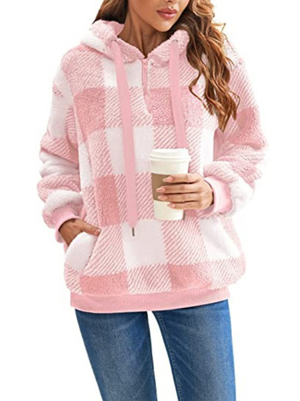 Long sleeve hooded plaid plush women's sweatshirt - Image 6