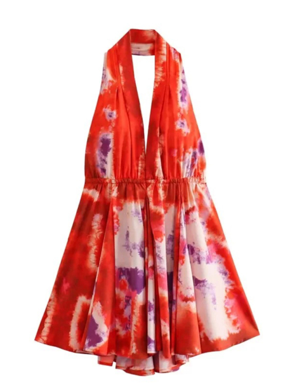 New fashionable V-neck suspender sexy printed halter neck short dress - Image 3