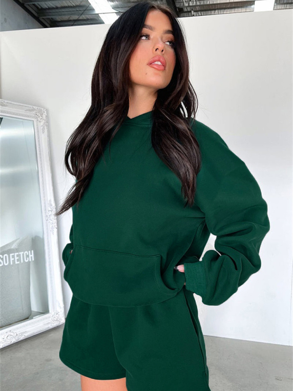 Women's new fashion loose solid color sweatshirt shorts set - Image 8