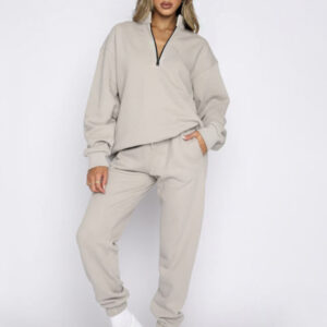 Women's new solid color stand-up collar zipper pullover long-sleeved sweatshirt and trousers suit