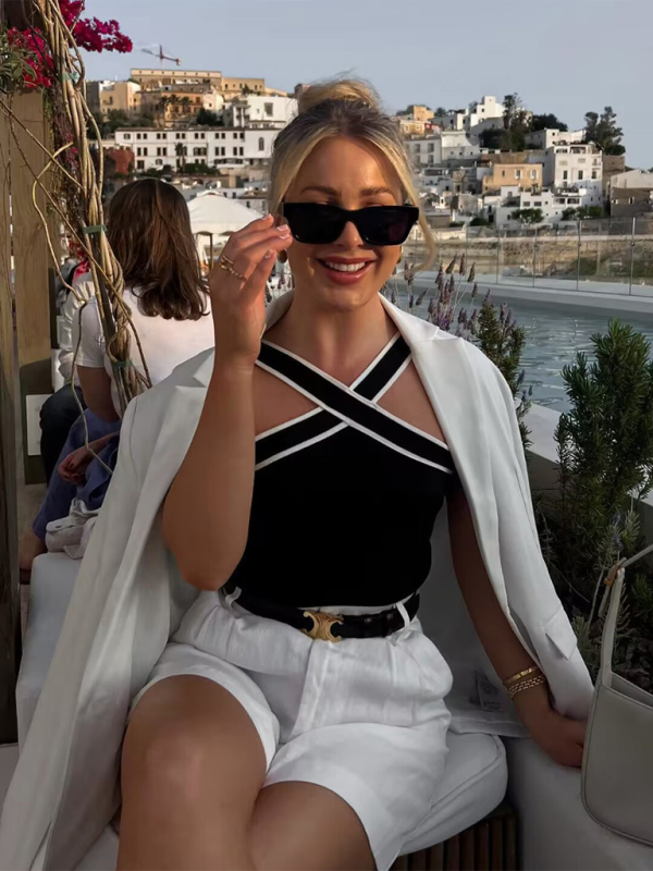 Feminine slim fit inner contrast knitted suspender commuting vest top T-shirt - Image 7