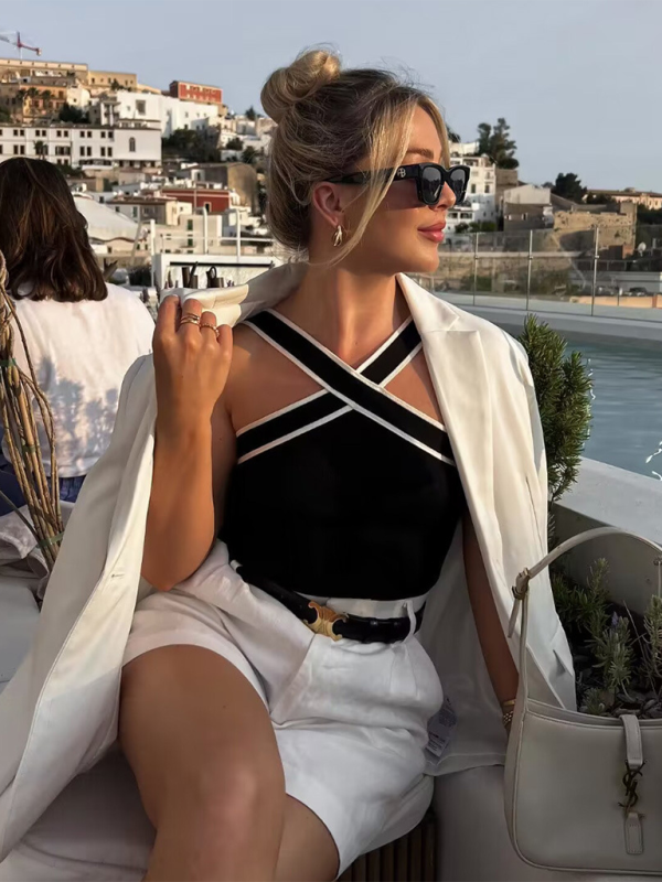 Feminine slim fit inner contrast knitted suspender commuting vest top T-shirt - Image 2