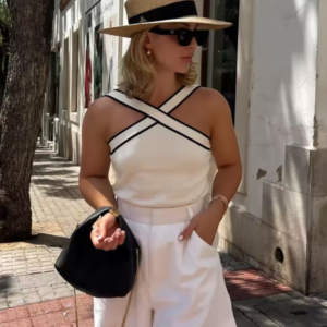 Feminine slim fit inner contrast knitted suspender commuting vest top T-shirt