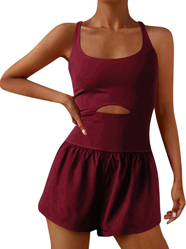 Women's beautiful back double strap tight jumpsuit yoga sports jumpsuit shorts - Image 3