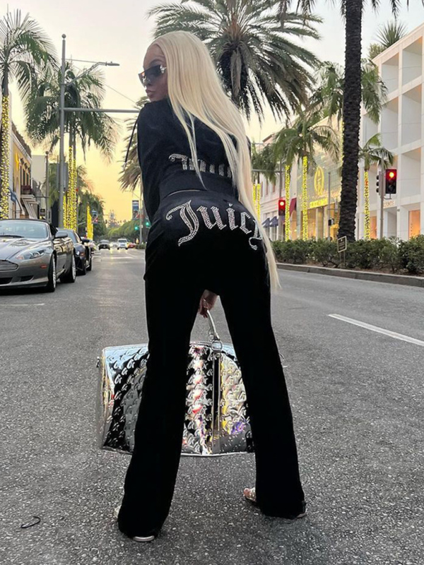 Women's casual solid color letter hot diamond sportswear long-sleeved hooded sweatshirt loose trousers two-piece suit - Image 19