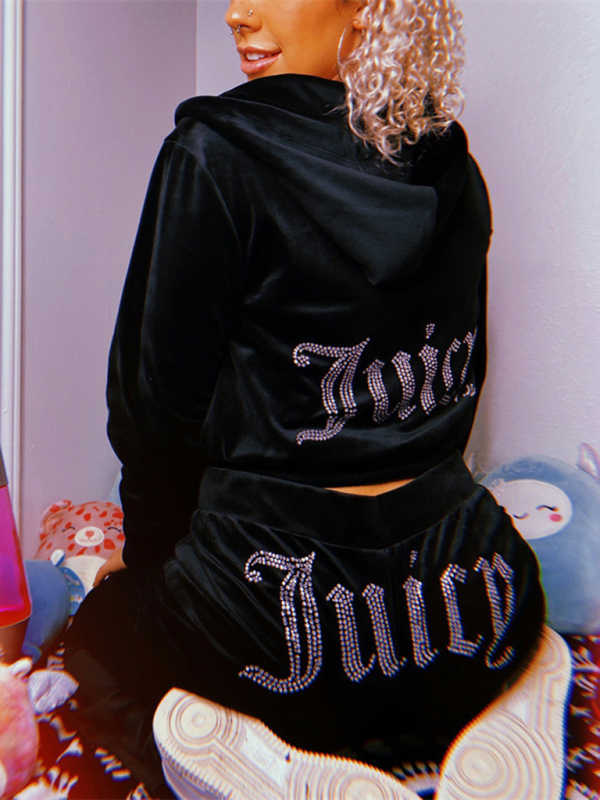Women's casual solid color letter hot diamond sportswear long-sleeved hooded sweatshirt loose trousers two-piece suit - Image 5