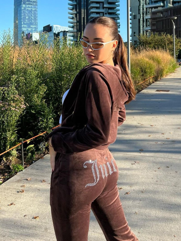 Women's casual solid color letter hot diamond sportswear long-sleeved hooded sweatshirt loose trousers two-piece suit - Image 11