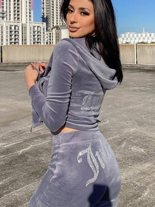 Women's casual solid color letter hot diamond sportswear long-sleeved hooded sweatshirt loose trousers two-piece suit - Image 16