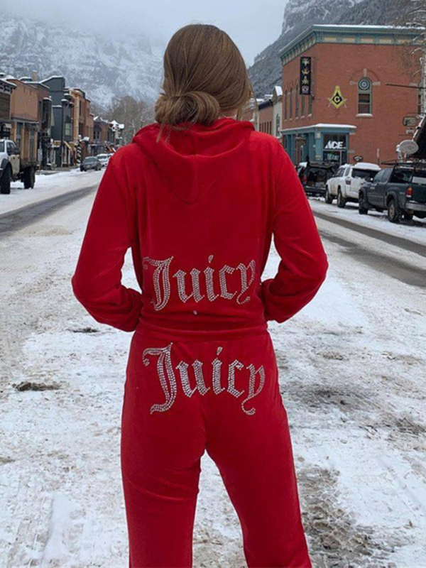 Women's casual solid color letter hot diamond sportswear long-sleeved hooded sweatshirt loose trousers two-piece suit - Image 13