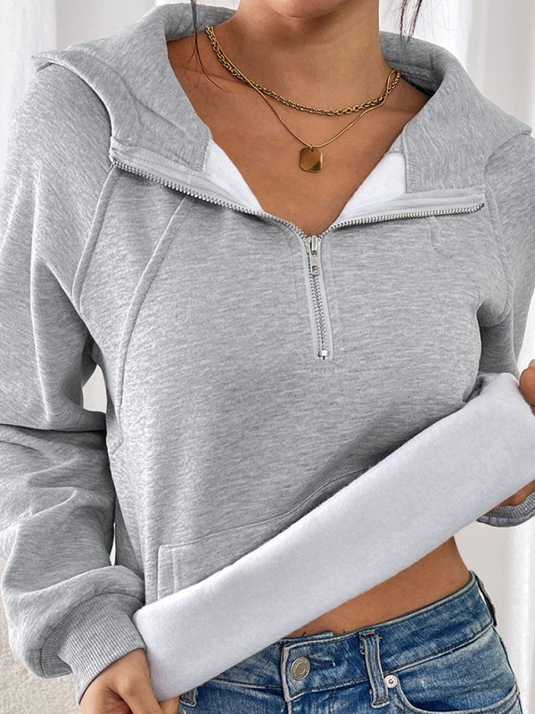 Long-sleeved casual hoodie autumn and winter new style plus velvet thickened solid color pullover sweater top - Image 3