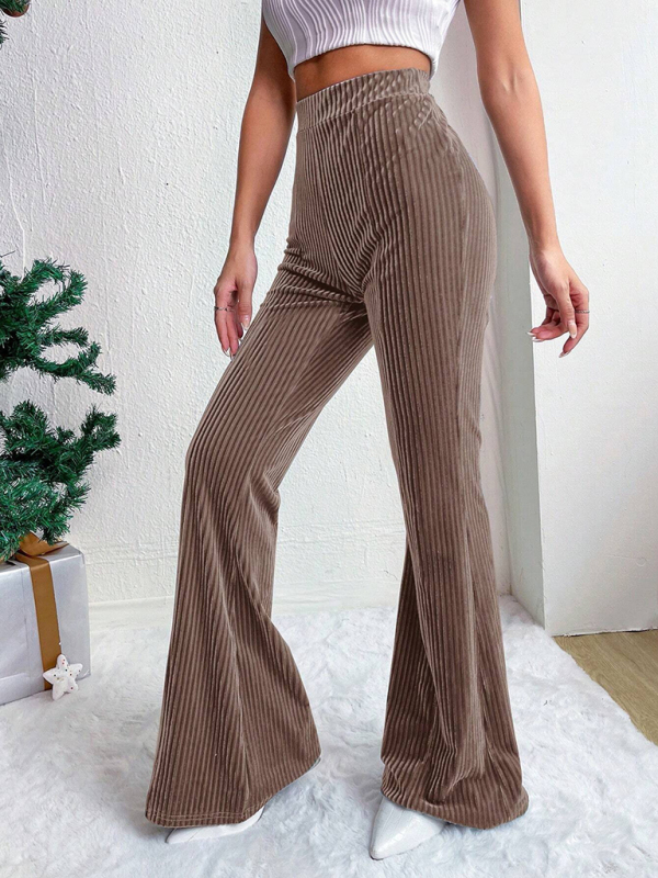Women's high waist corduroy flared pants solid color casual wide leg long sweatpants - Image 9
