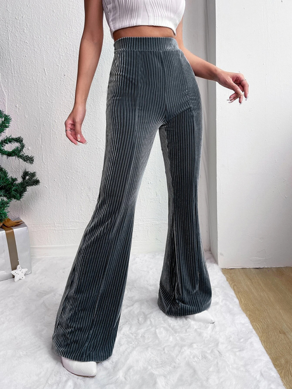 Women's high waist corduroy flared pants solid color casual wide leg long sweatpants - Image 3