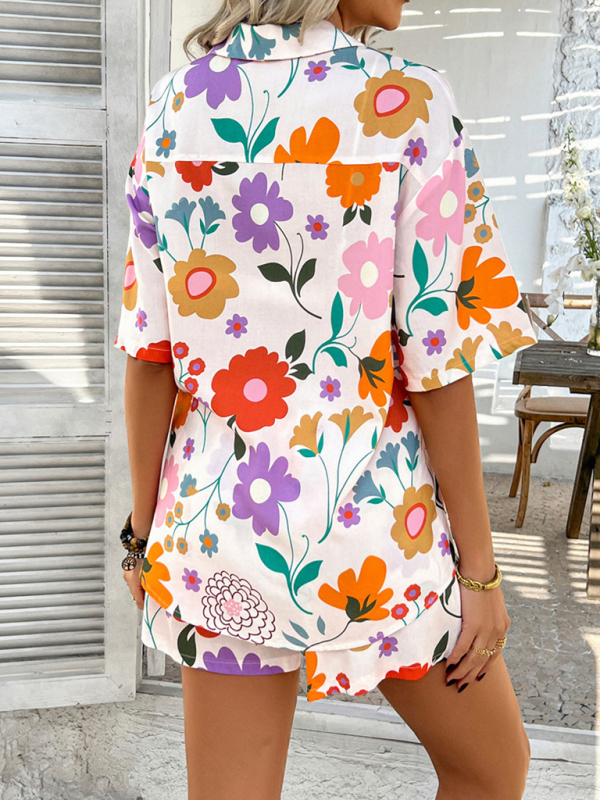 Pompeii print casual holiday style floral contrast color cardigan short pants set - Image 5