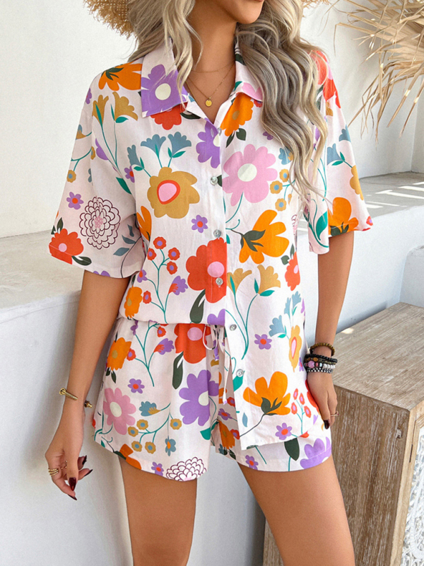 Pompeii print casual holiday style floral contrast color cardigan short pants set - Image 4
