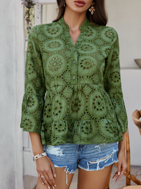 Solid color hollow v-neck three-quarter sleeve shirt - Image 4