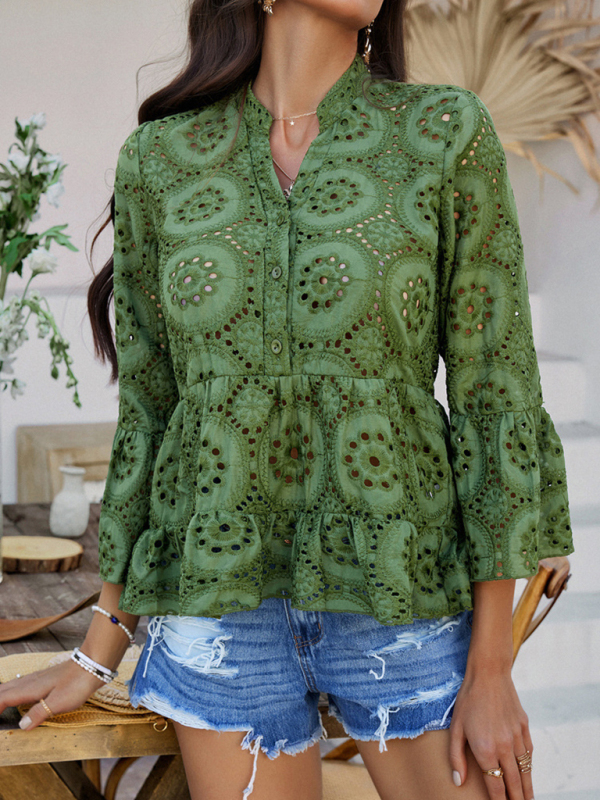 Solid color hollow v-neck three-quarter sleeve shirt - Image 15