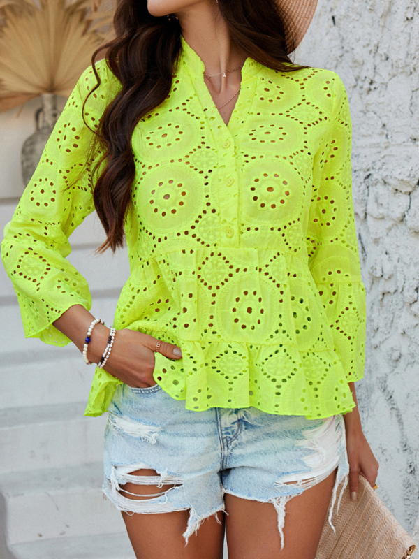 Solid color hollow v-neck three-quarter sleeve shirt - Image 11