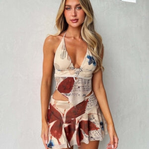 Hollow Strap Irregular Printed Vest Flower Printed Short Skirt Fashion Set