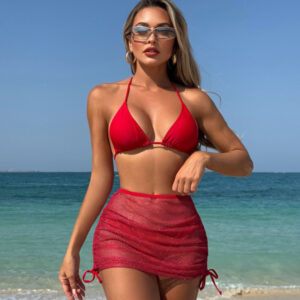 Sexy backless solid color bikini three piece set