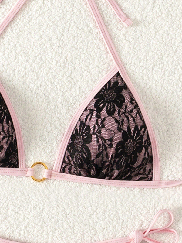 Black lace and pink backless bikini - Image 2