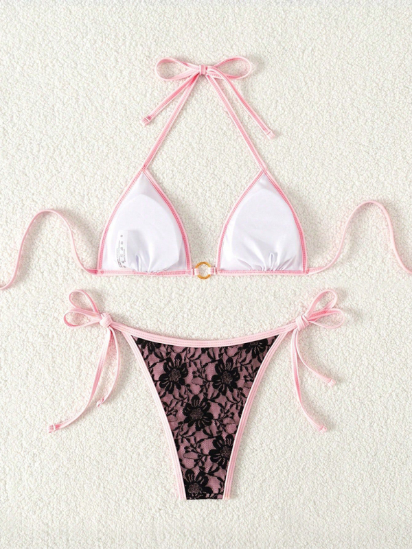 Black lace and pink backless bikini - Image 3