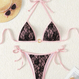 Black lace and pink backless bikini
