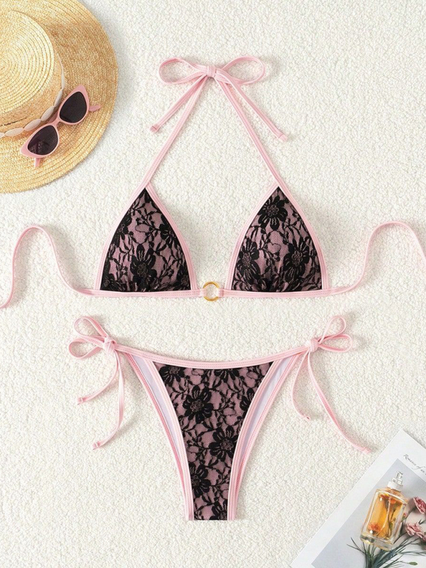 Black lace and pink backless bikini