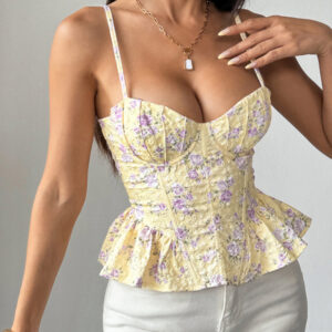 Yellow floral irregular ruffled light sexy backless lace-up top