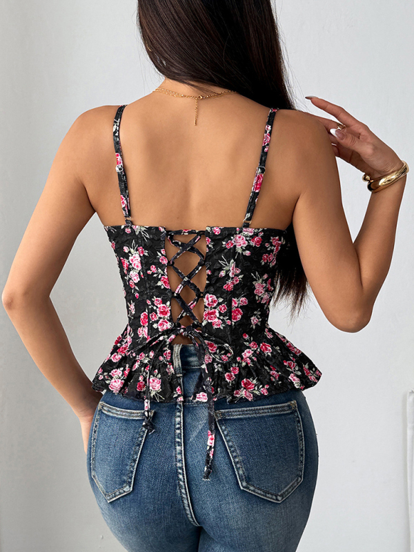 Black floral irregular ruffled light sexy backless lace-up top - Image 3
