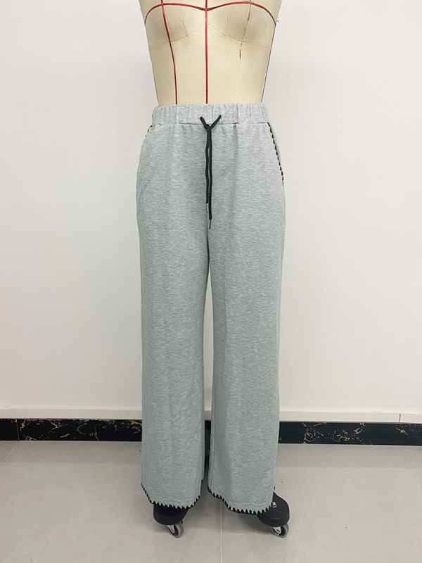Belted casual straight-leg pants with contrasting trim and elastic waist - Image 3