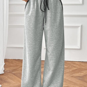 Belted casual straight-leg pants with contrasting trim and elastic waist
