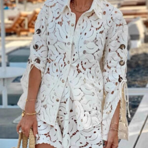 Fashion hollow long-sleeved lace shirt + shorts two-piece set