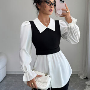 Long-sleeved waist-hugging striped V-neck shirt