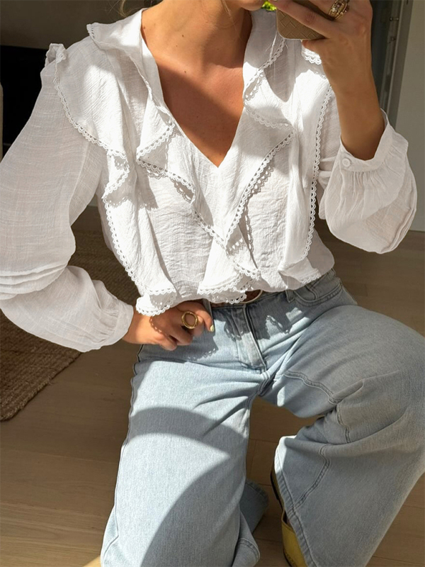 New French country style white lace ruffle V-neck shirt - Image 4