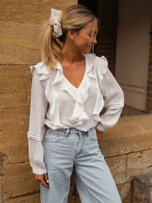 New French country style white lace ruffle V-neck shirt