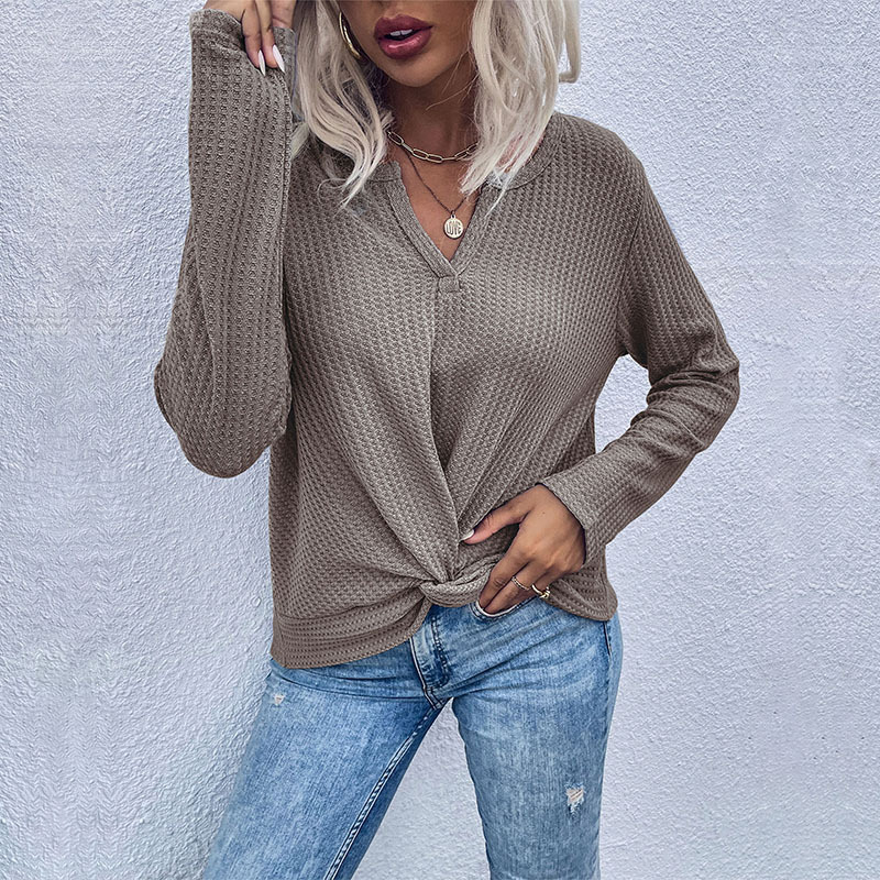 women's waffle kink thin solid color bottoming knitted sweater - Image 2