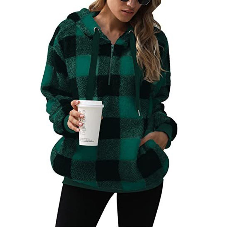 Long sleeve hooded plaid plush women's sweatshirt - Image 4