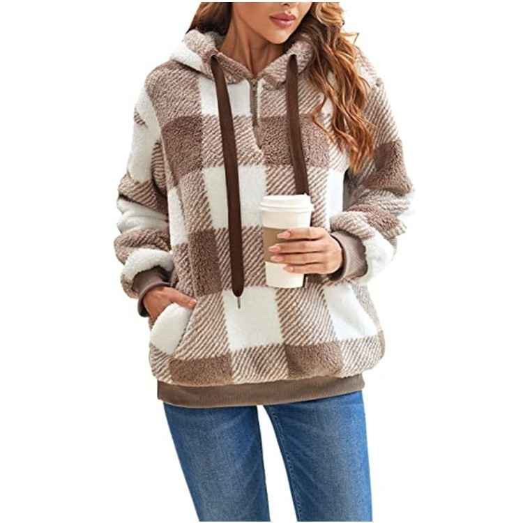Long sleeve hooded plaid plush women's sweatshirt - Image 5