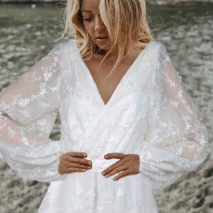 Bishop Sleeves Embroidered Lace Wedding Evening Dress