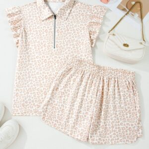 Leopard Zip Polo Top & Elastic Shorts Set