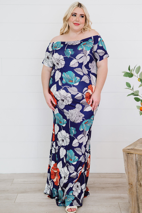 Blue Green Off-the-shoulder Floral Print Plus size Maxi Dress - Image 4
