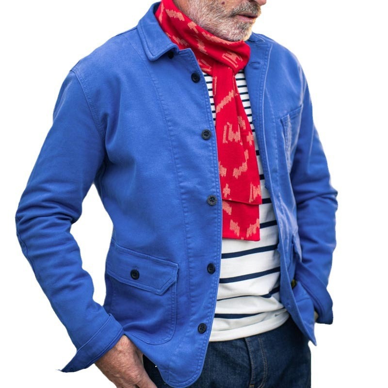 Spring Autumn Casual Stylish Slim-fit Mens Workwear Solid-color Lapel Jacket With Buttons - Image 3