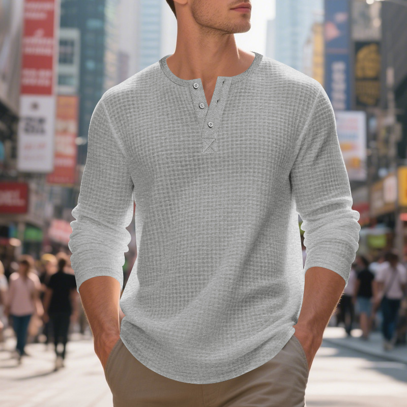 Men's Jacquard Small Plaid Button-Down Henry Long Sleeve - Image 3