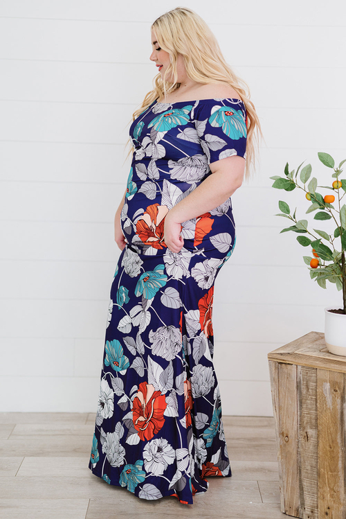 Blue Green Off-the-shoulder Floral Print Plus size Maxi Dress - Image 7