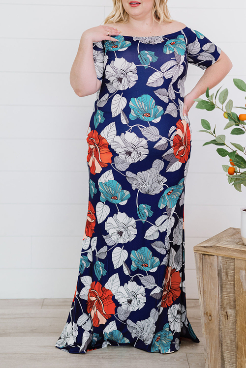 Blue Green Off-the-shoulder Floral Print Plus size Maxi Dress