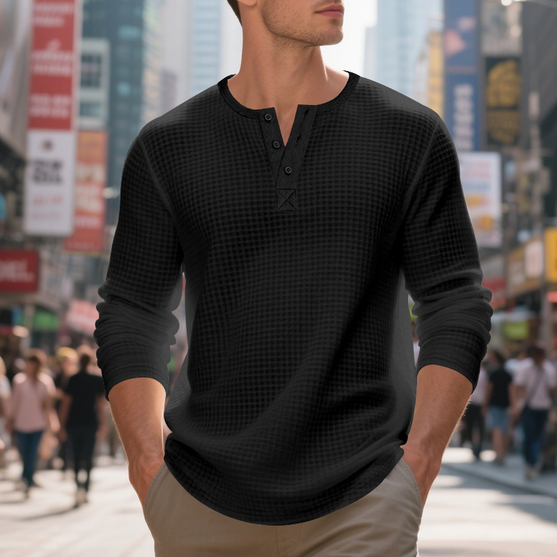 Men's Jacquard Small Plaid Button-Down Henry Long Sleeve - Image 4