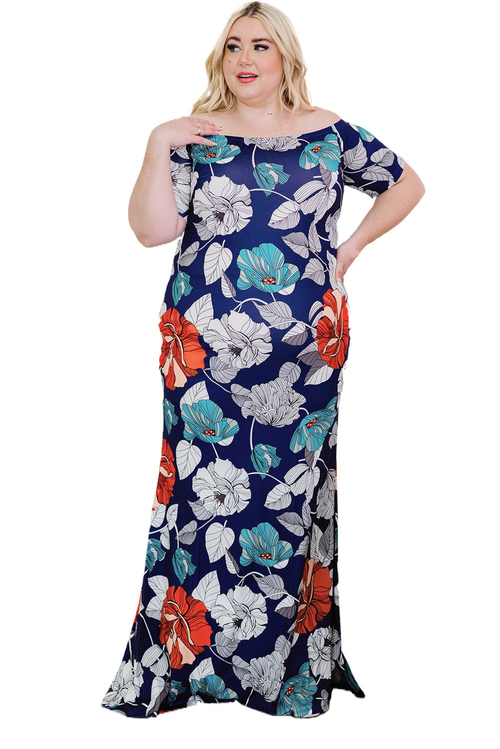 Blue Green Off-the-shoulder Floral Print Plus size Maxi Dress - Image 17