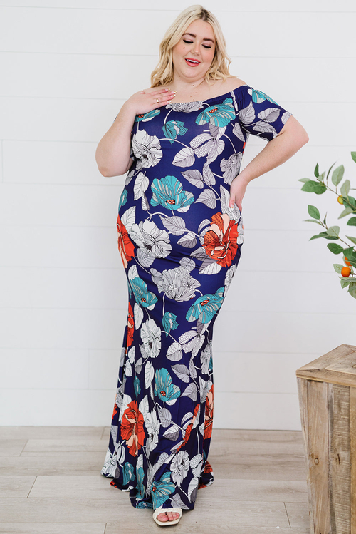 Blue Green Off-the-shoulder Floral Print Plus size Maxi Dress - Image 5